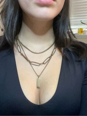 Gold-Tone Triple Layer Necklace Set with Bar Pendant